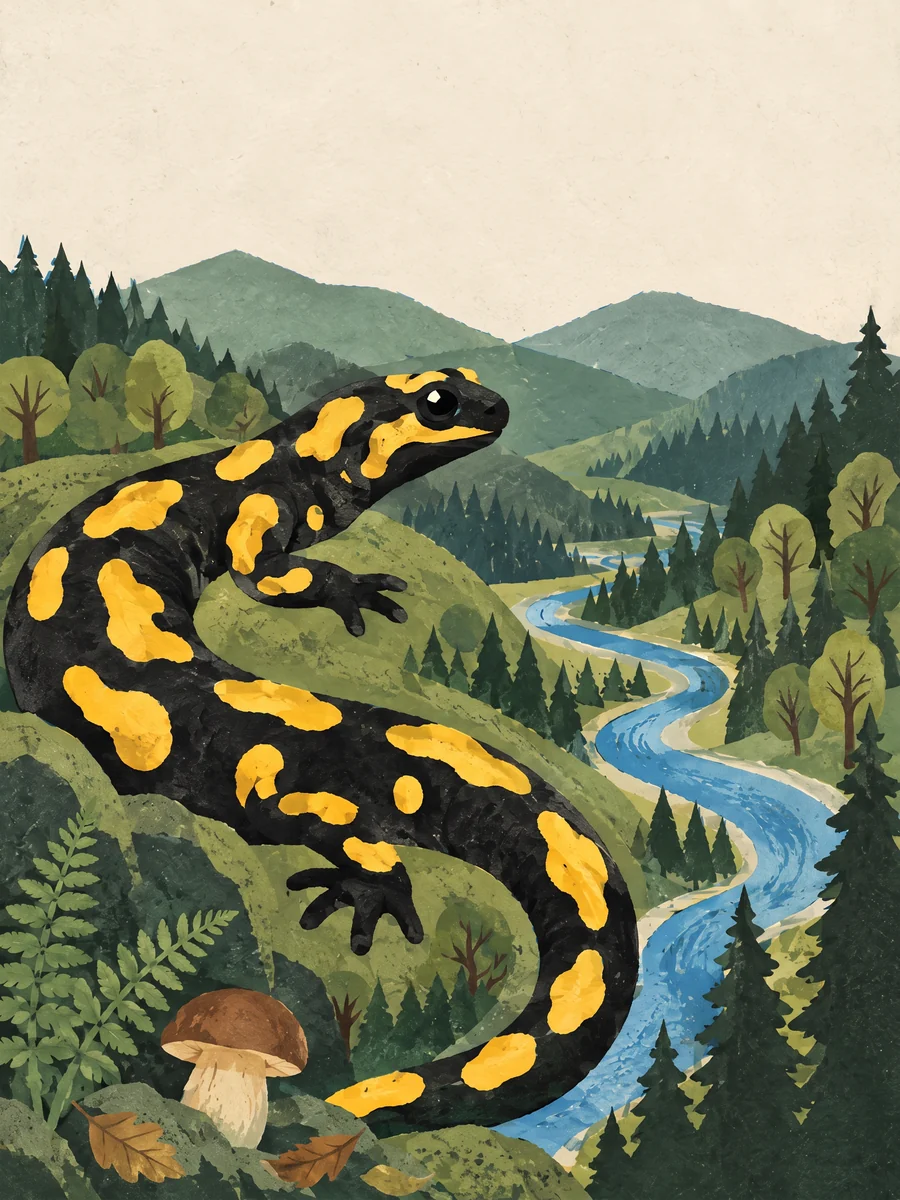 Plakat: salamandra plamista na zboczach Beskidu, doliną wije się rzeka.