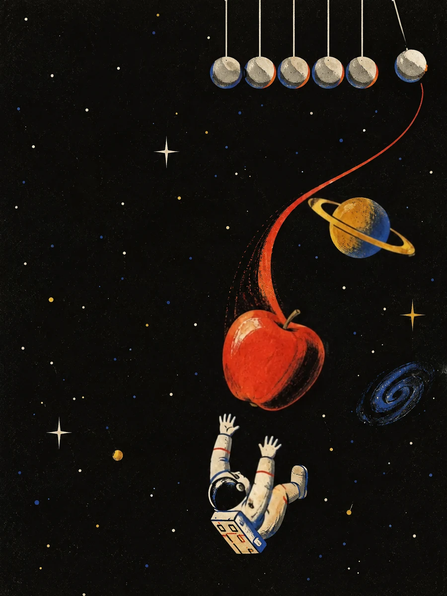 Plakat: czerwone jabłko spada po krzywej wokół planety, astronauta próbuje je złapać.