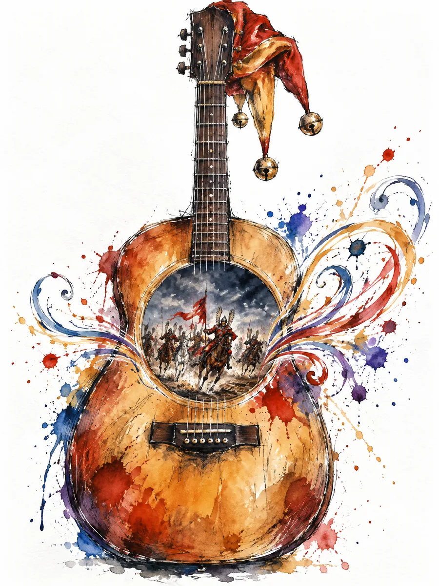 Plakat: akwarelowa gitara, w której otworze rezonansowym trwa szarża kawalerii; na gryfie czapka błazna.