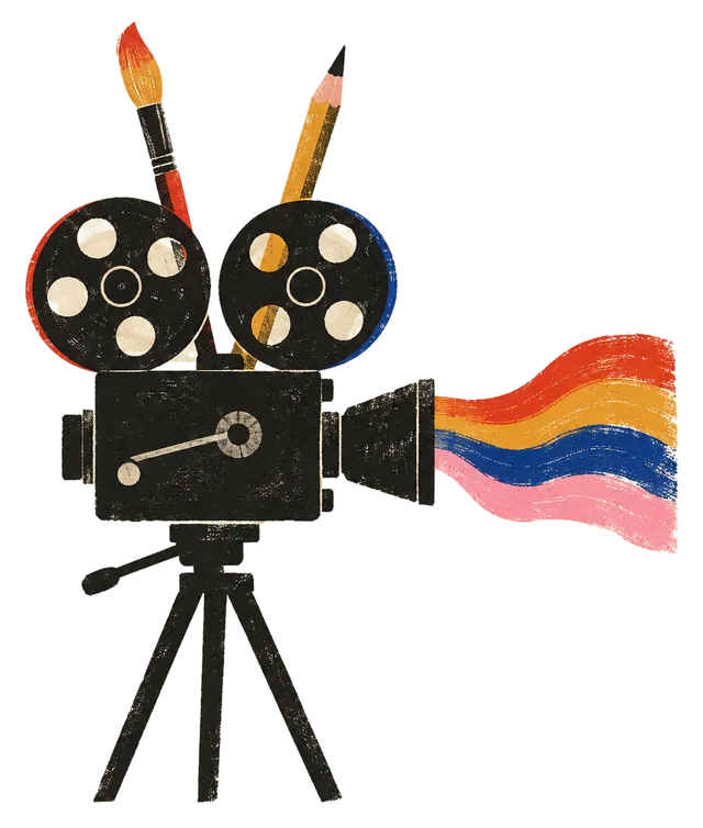 Kamera filmowa z pędzlem i ołówkiem; z obiektywu wypływa wstęga farby.