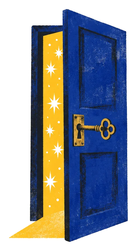 Uchylone drzwi z kluczem w zamku, zza których wylewa się światło.